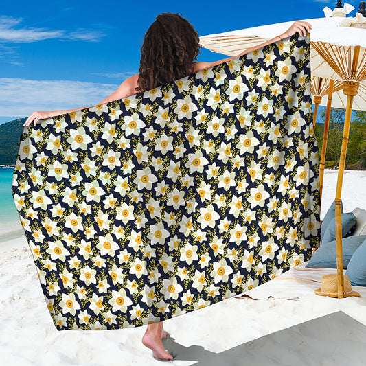 White Daffodil Flower Pattern Print Beach Sarong Wrap