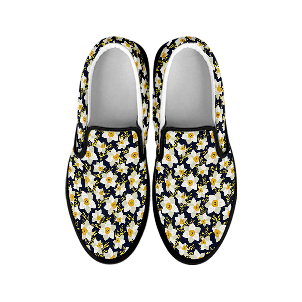 White Daffodil Flower Pattern Print Black Slip On Shoes