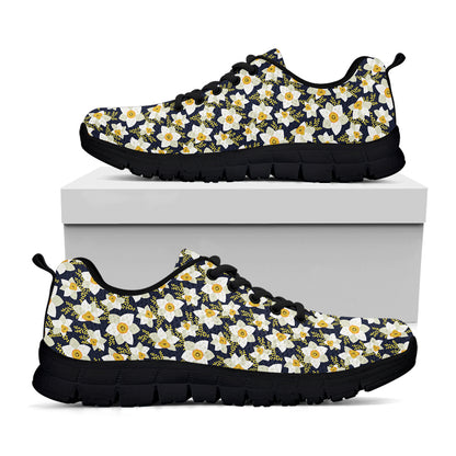 White Daffodil Flower Pattern Print Black Sneakers