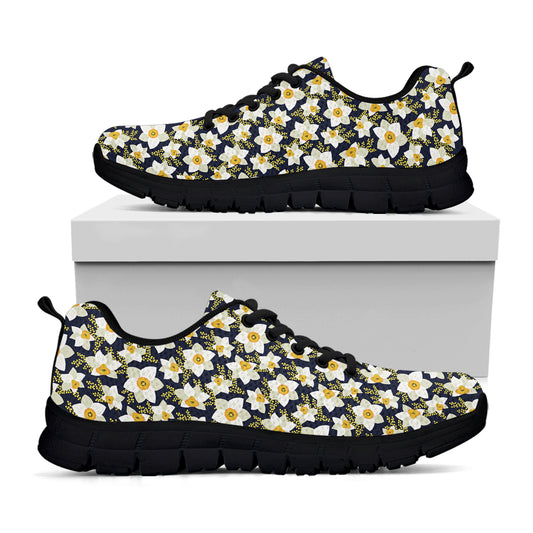 White Daffodil Flower Pattern Print Black Sneakers