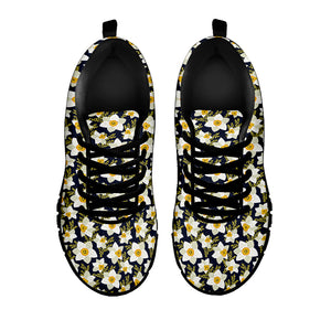 White Daffodil Flower Pattern Print Black Sneakers