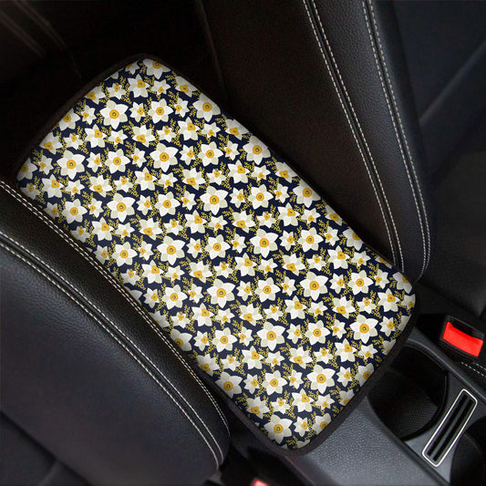 White Daffodil Flower Pattern Print Car Center Console Cover