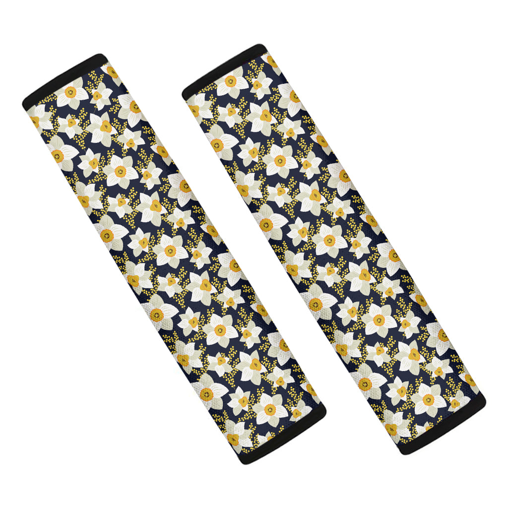 White Daffodil Flower Pattern Print Car Seat Belt Covers