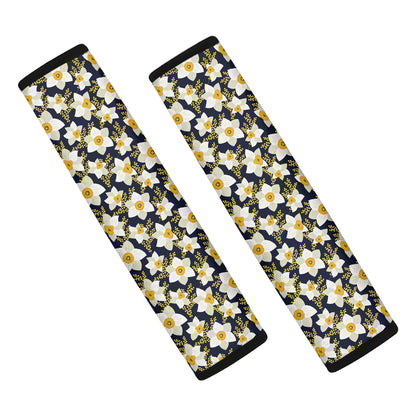 White Daffodil Flower Pattern Print Car Seat Belt Covers