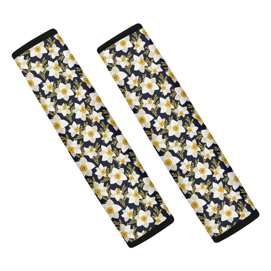White Daffodil Flower Pattern Print Car Seat Belt Covers