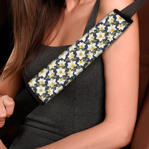 White Daffodil Flower Pattern Print Car Seat Belt Covers