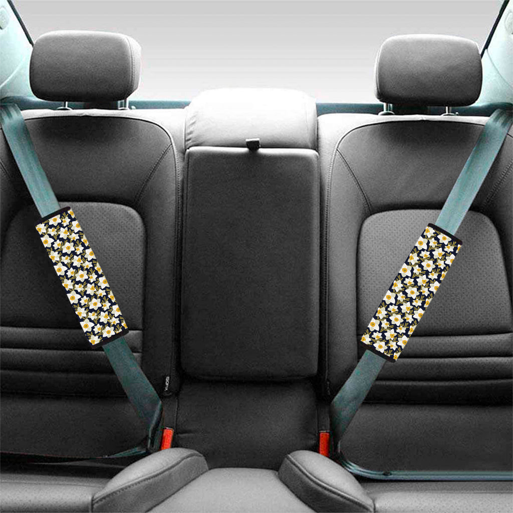 White Daffodil Flower Pattern Print Car Seat Belt Covers