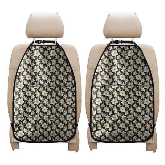 White Daffodil Flower Pattern Print Car Seat Organizers