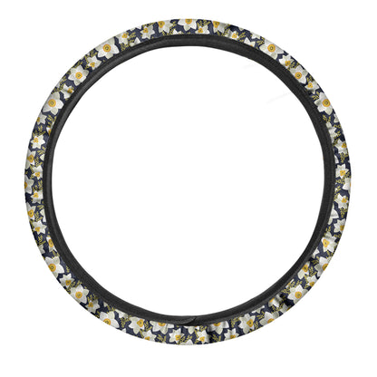 White Daffodil Flower Pattern Print Car Steering Wheel Cover