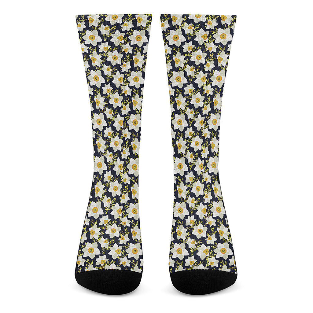 White Daffodil Flower Pattern Print Crew Socks