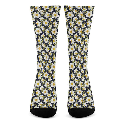 White Daffodil Flower Pattern Print Crew Socks