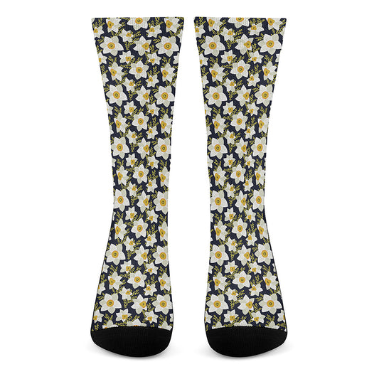 White Daffodil Flower Pattern Print Crew Socks