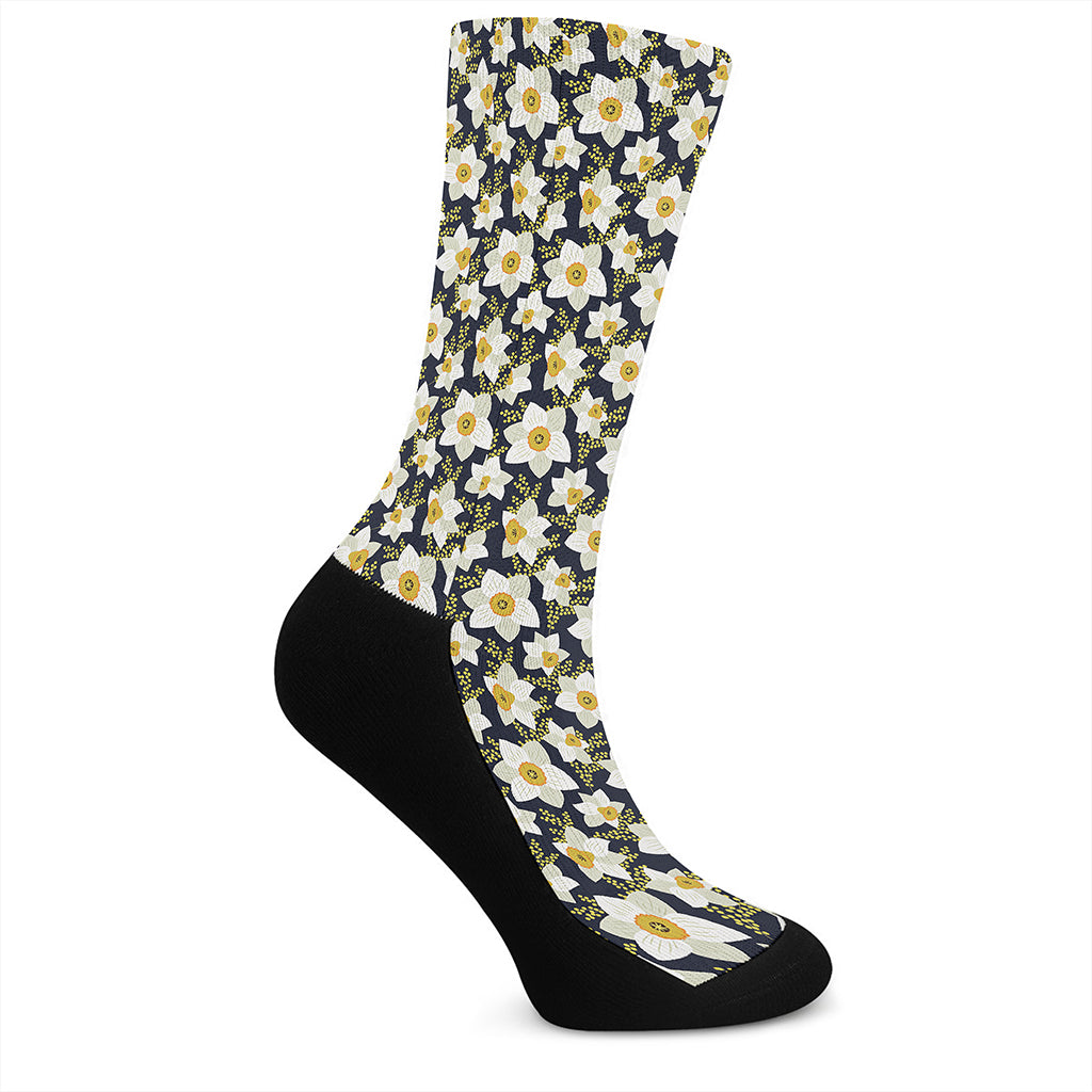 White Daffodil Flower Pattern Print Crew Socks