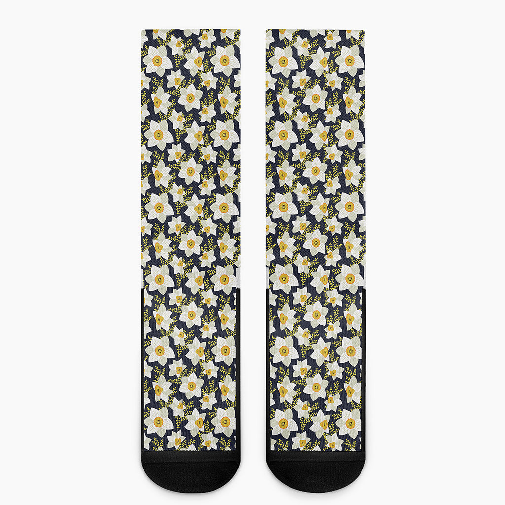 White Daffodil Flower Pattern Print Crew Socks