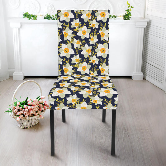 White Daffodil Flower Pattern Print Dining Chair Slipcover