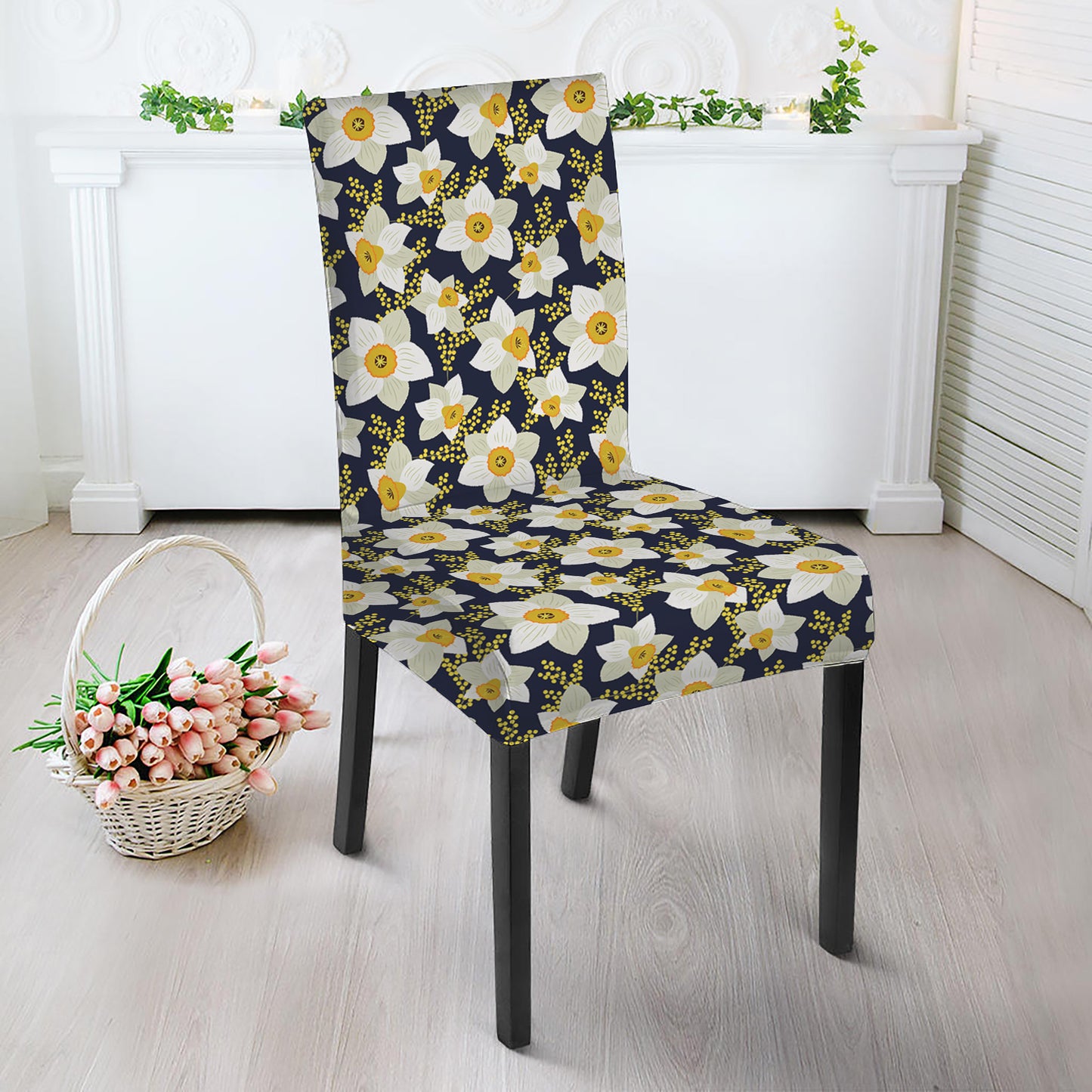 White Daffodil Flower Pattern Print Dining Chair Slipcover