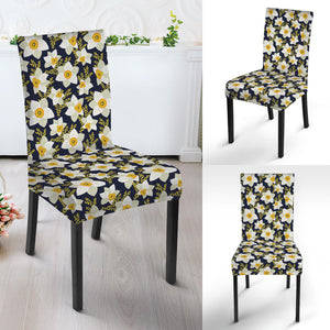 White Daffodil Flower Pattern Print Dining Chair Slipcover