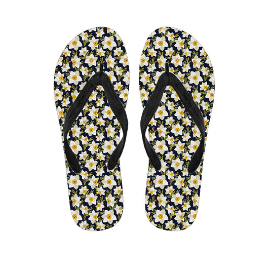 White Daffodil Flower Pattern Print Flip Flops