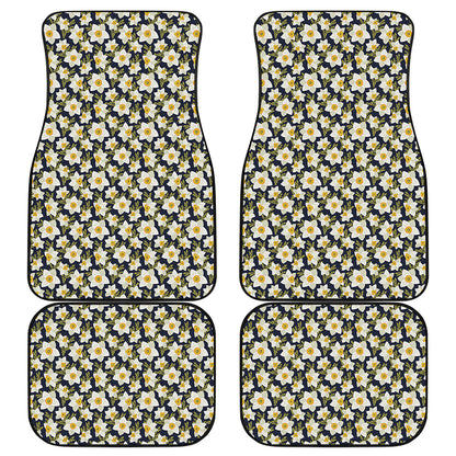 White Daffodil Flower Pattern Print Front and Back Car Floor Mats