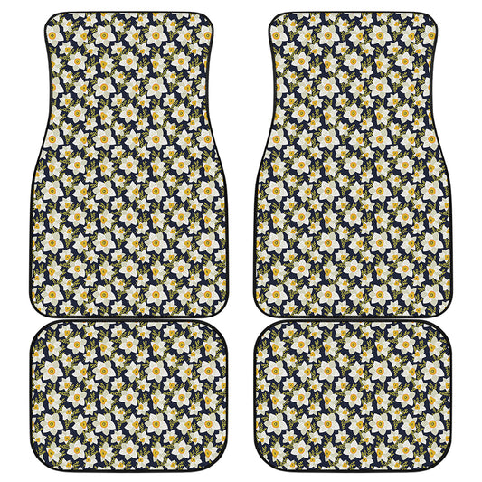 White Daffodil Flower Pattern Print Front and Back Car Floor Mats