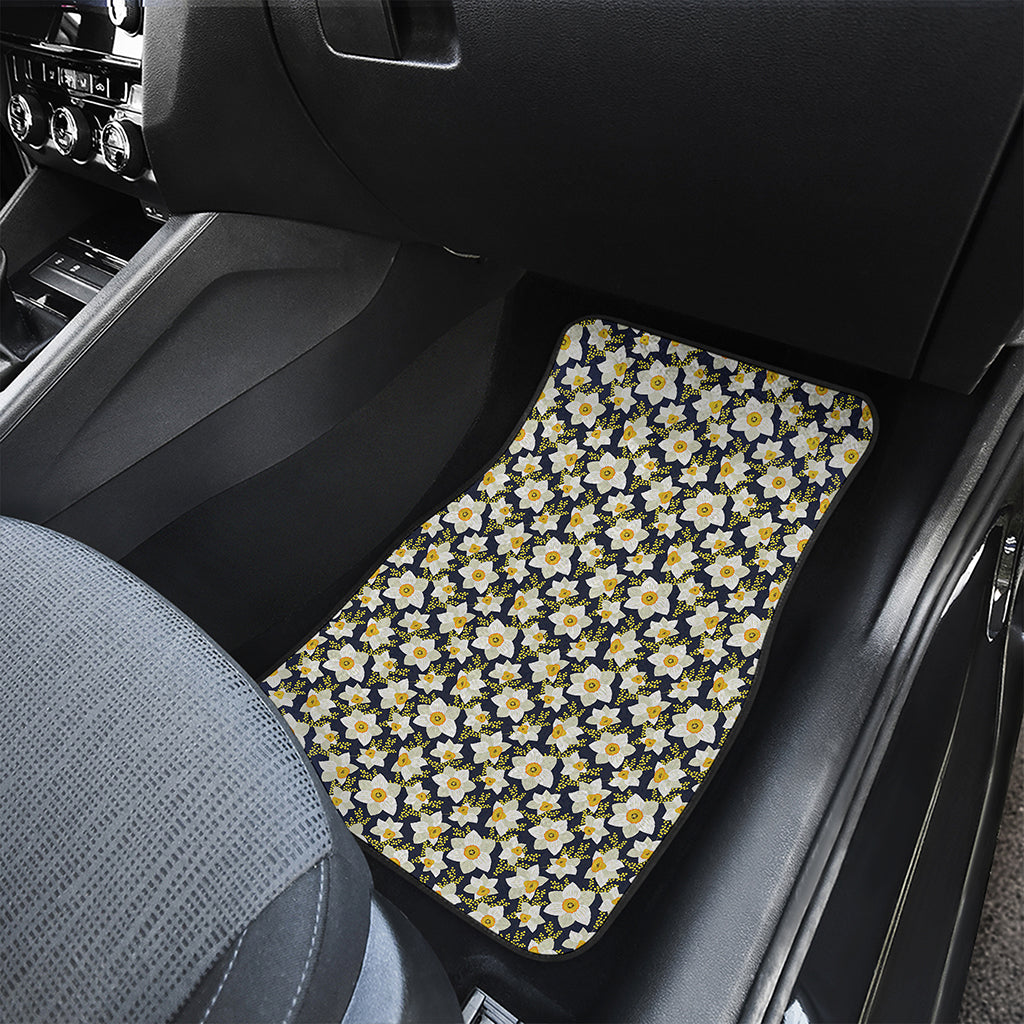 White Daffodil Flower Pattern Print Front and Back Car Floor Mats