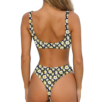 White Daffodil Flower Pattern Print Front Bow Tie Bikini