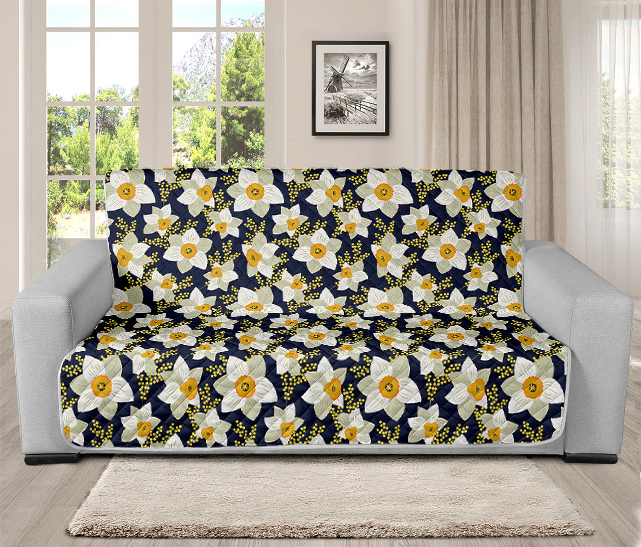 White Daffodil Flower Pattern Print Futon Protector