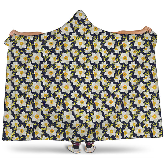 White Daffodil Flower Pattern Print Hooded Blanket