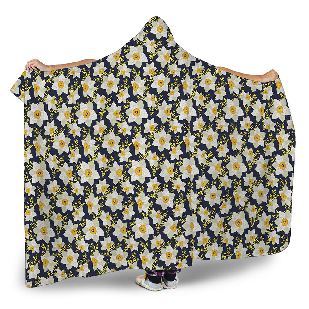 White Daffodil Flower Pattern Print Hooded Blanket