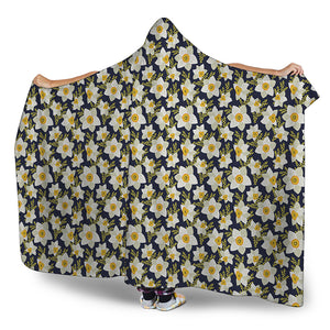 White Daffodil Flower Pattern Print Hooded Blanket