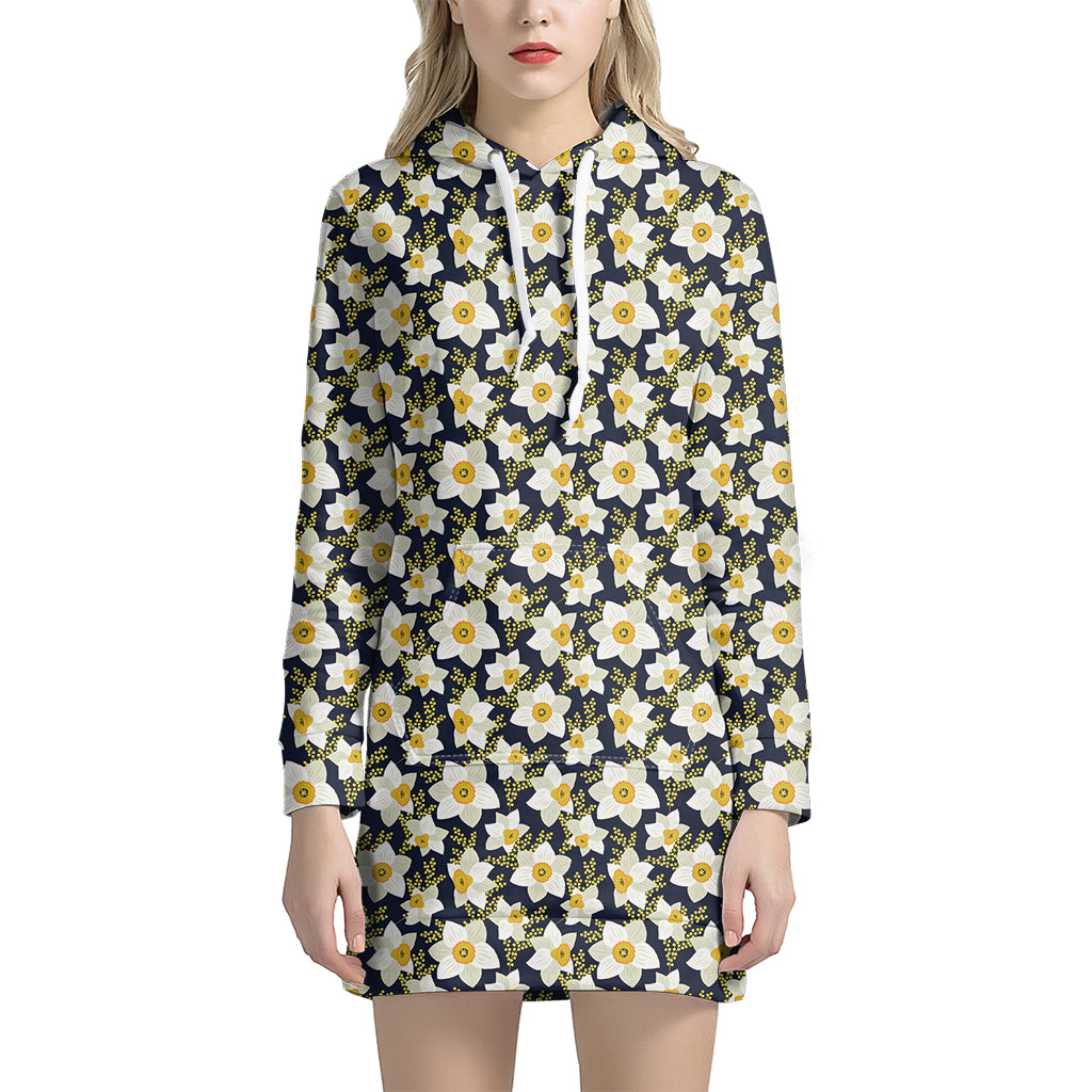 White Daffodil Flower Pattern Print Hoodie Dress