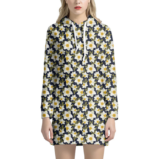 White Daffodil Flower Pattern Print Hoodie Dress