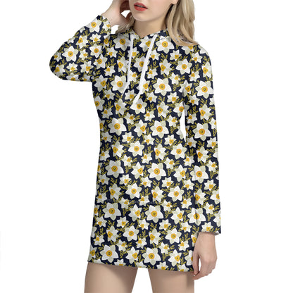 White Daffodil Flower Pattern Print Hoodie Dress