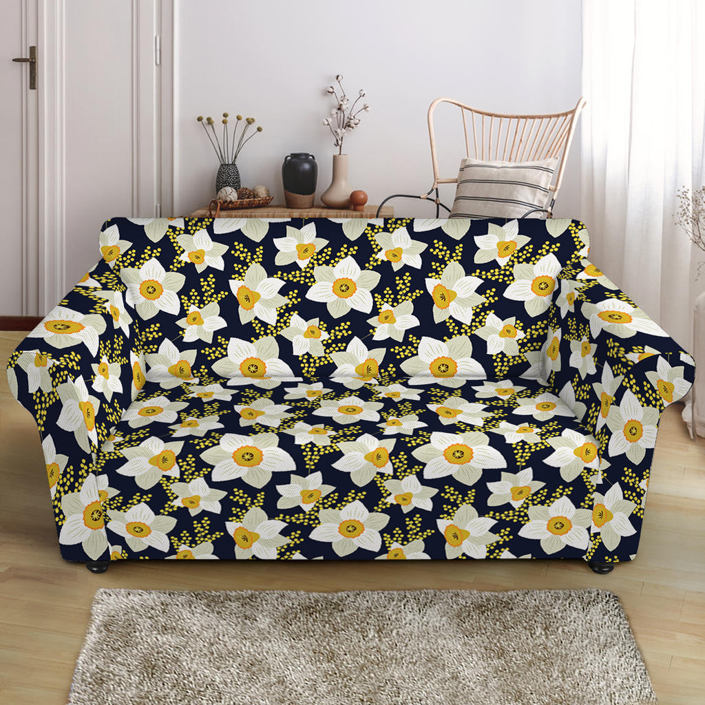 White Daffodil Flower Pattern Print Loveseat Slipcover