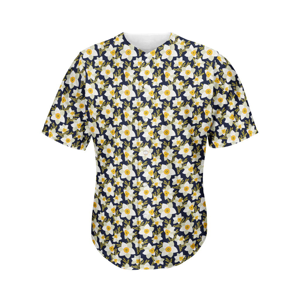 White Daffodil Flower Pattern Print Men's Baseball Jersey