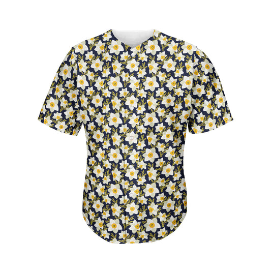 White Daffodil Flower Pattern Print Men's Baseball Jersey