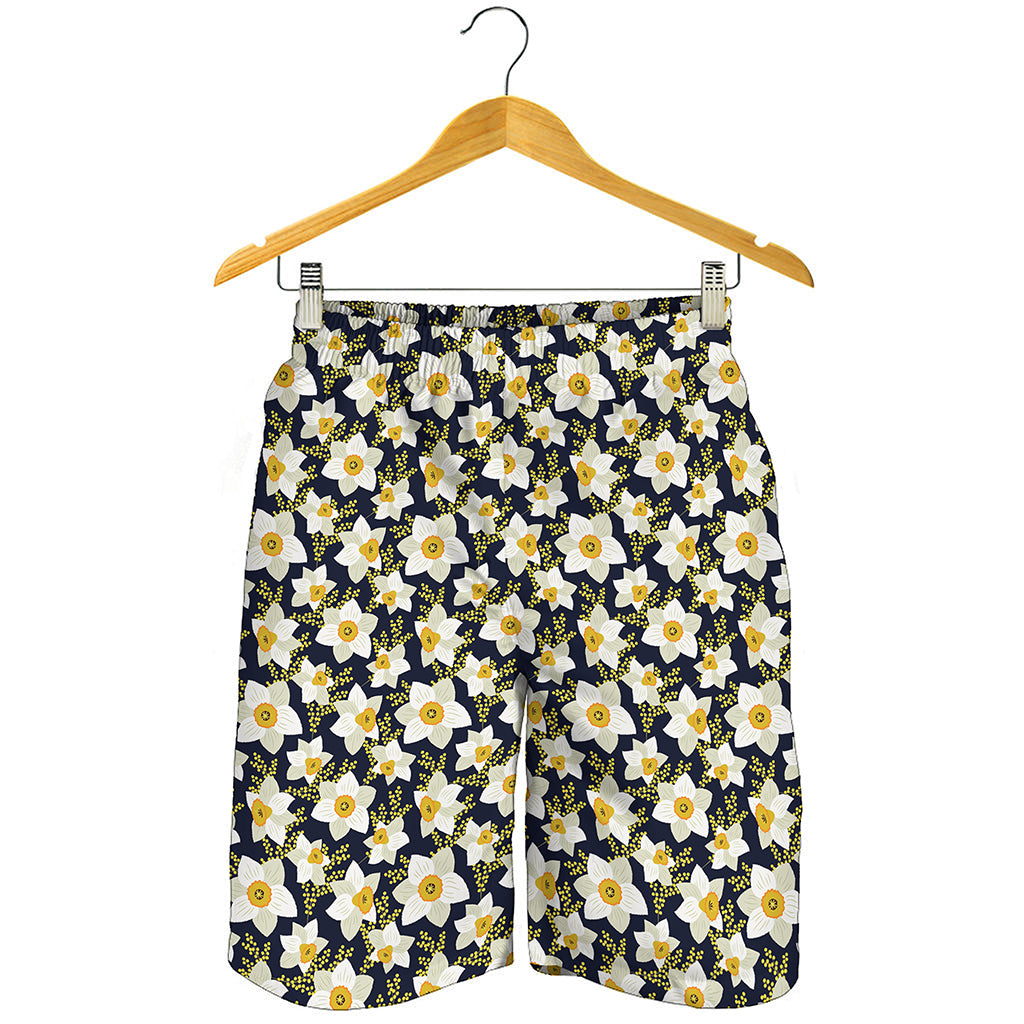 White Daffodil Flower Pattern Print Men's Shorts