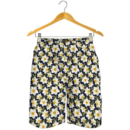 White Daffodil Flower Pattern Print Men's Shorts
