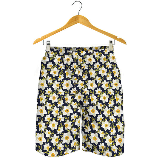 White Daffodil Flower Pattern Print Men's Shorts