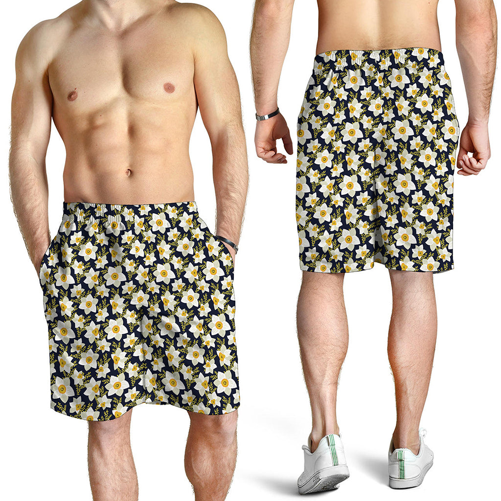 White Daffodil Flower Pattern Print Men's Shorts