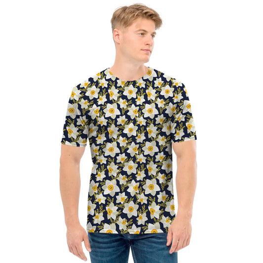 White Daffodil Flower Pattern Print Men's T-Shirt