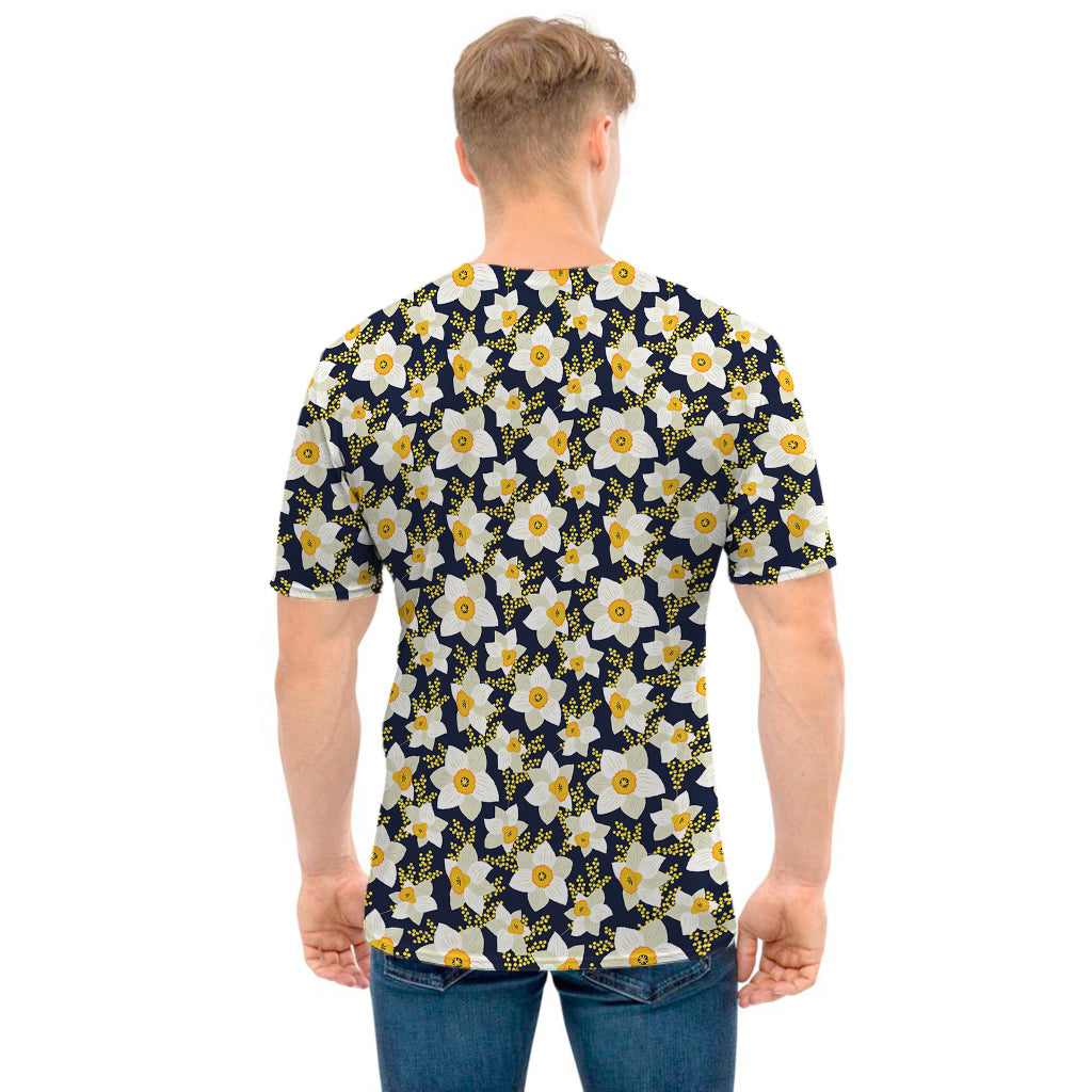 White Daffodil Flower Pattern Print Men's T-Shirt