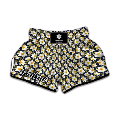 White Daffodil Flower Pattern Print Muay Thai Boxing Shorts