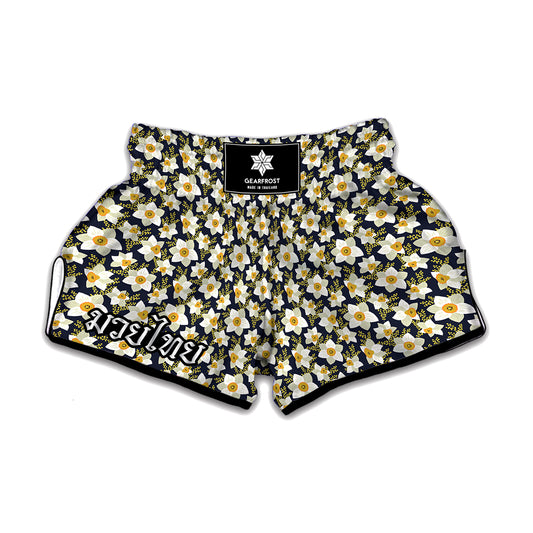 White Daffodil Flower Pattern Print Muay Thai Boxing Shorts