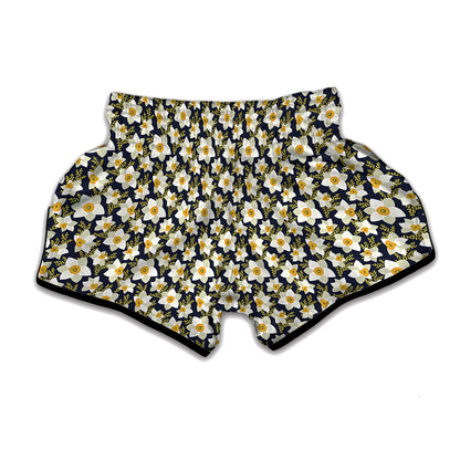 White Daffodil Flower Pattern Print Muay Thai Boxing Shorts