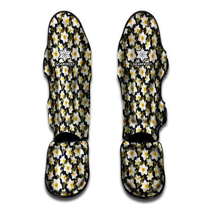 White Daffodil Flower Pattern Print Muay Thai Shin Guard