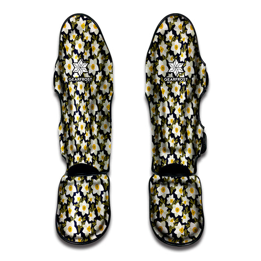 White Daffodil Flower Pattern Print Muay Thai Shin Guard