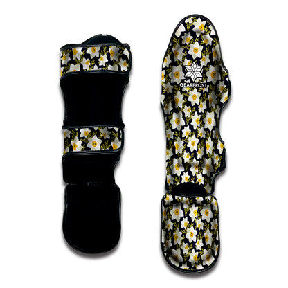 White Daffodil Flower Pattern Print Muay Thai Shin Guard