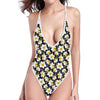 White Daffodil Flower Pattern Print One Piece High Cut Swimsuit