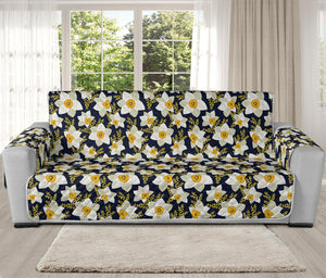 White Daffodil Flower Pattern Print Oversized Sofa Protector